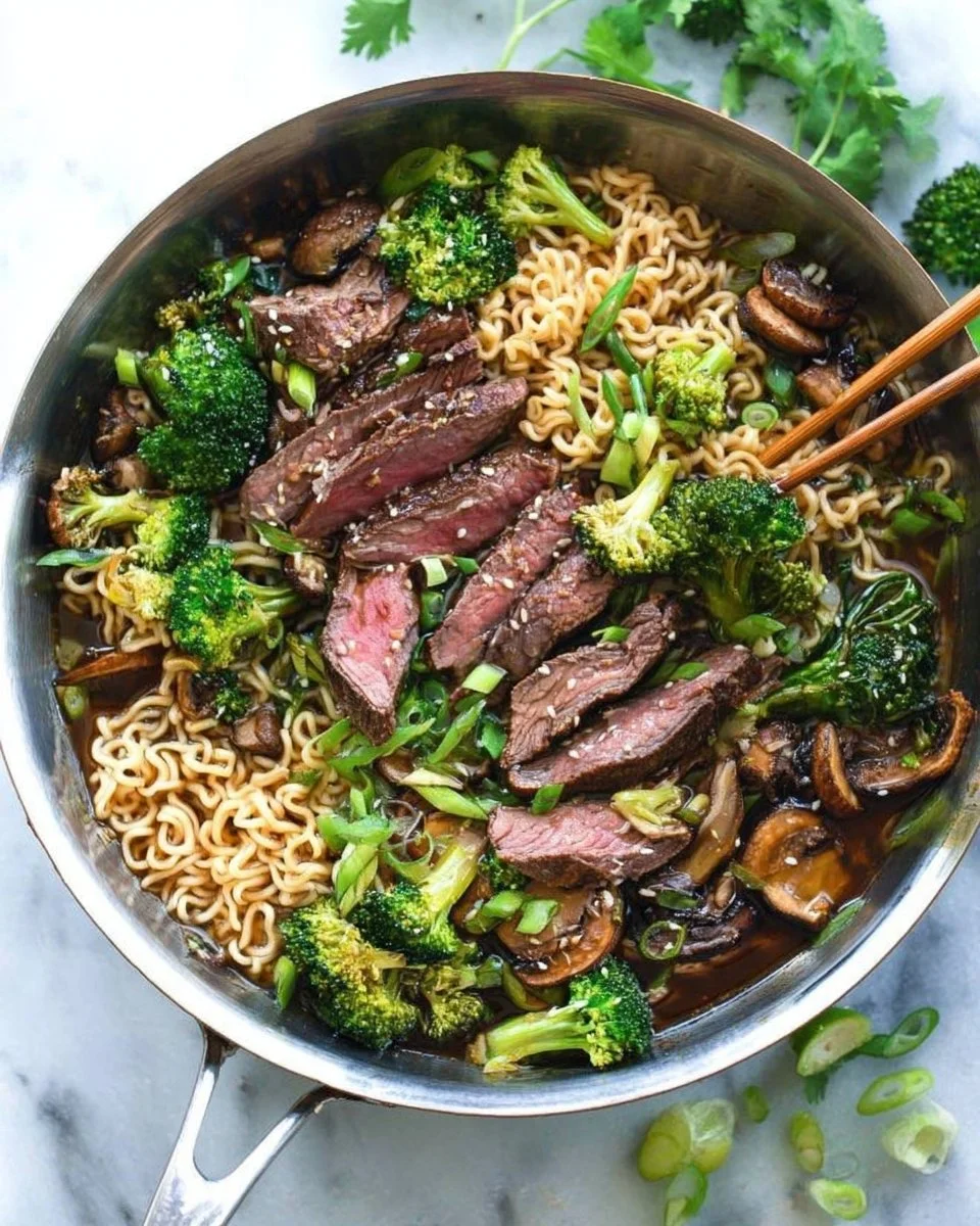 Bowl of ramen noodles with marinated steak and broccoli garnished with herbs