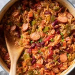 Delicious bowl of red beans and rice served with fresh herbs.