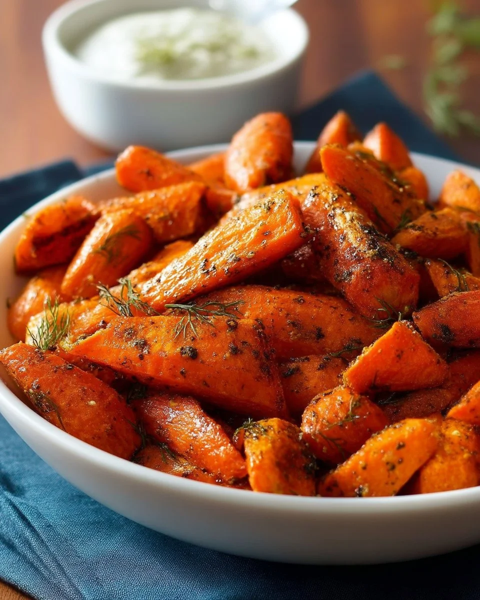 Bowl of roasted carrots with fresh dill garnish