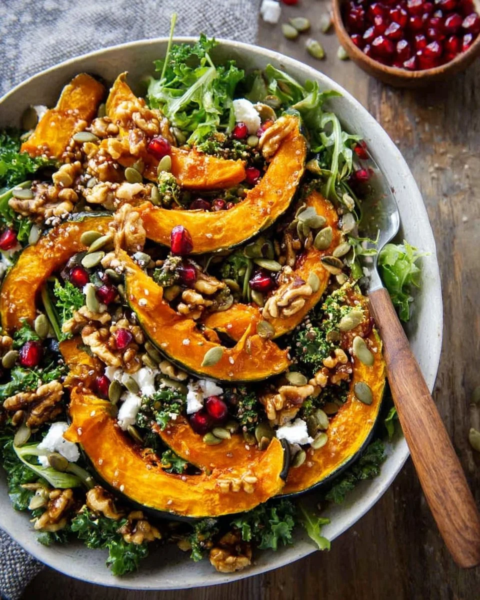 A vibrant roasted pumpkin salad with greens and nuts
