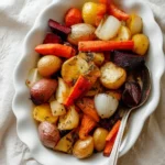 Plate of colorful roasted root vegetables including carrots, potatoes, and beets.
