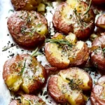 Delicious rosemary garlic smashed potatoes served on a plate