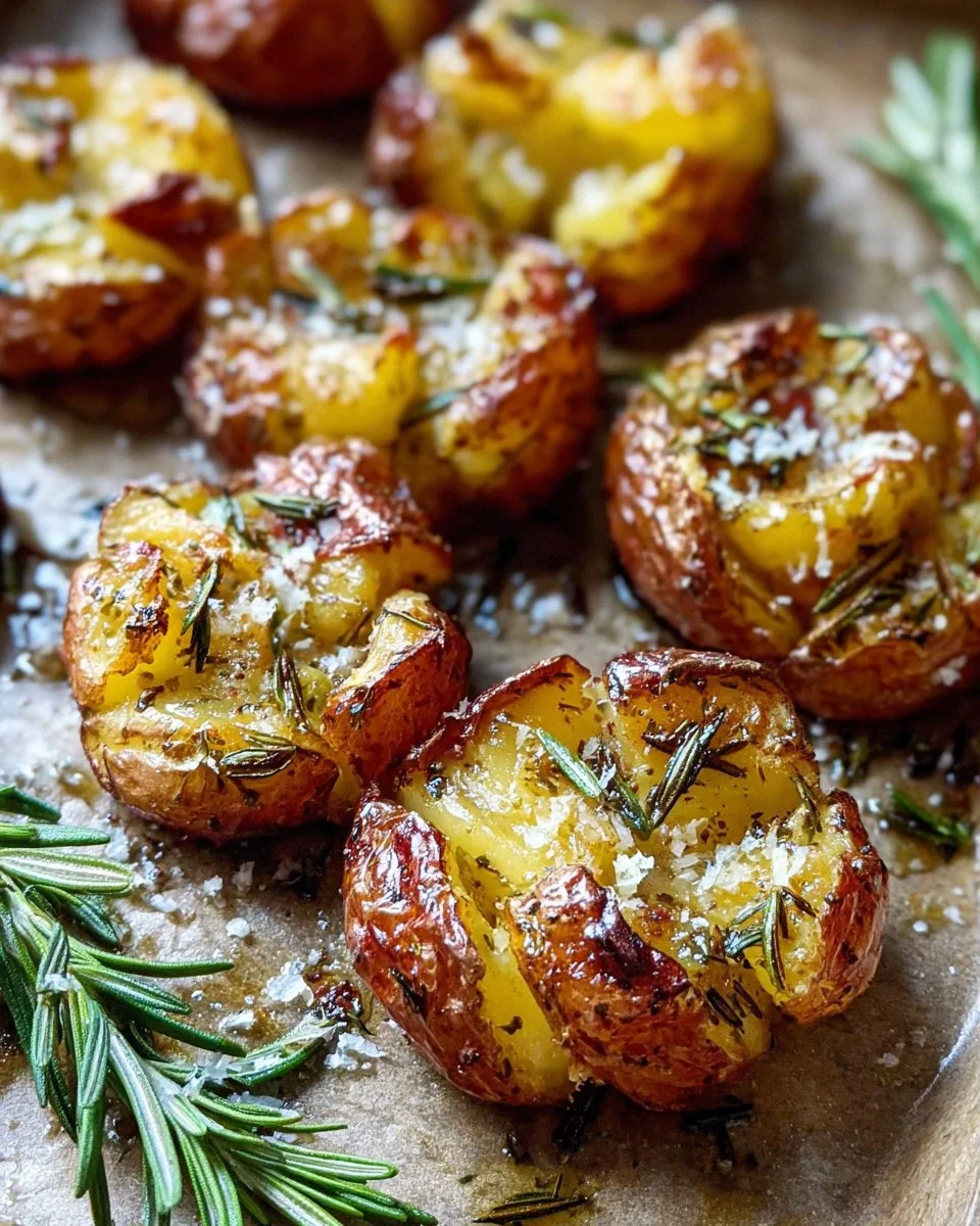 Bowl of rosemary garlic smashed potatoes garnished with herbs.