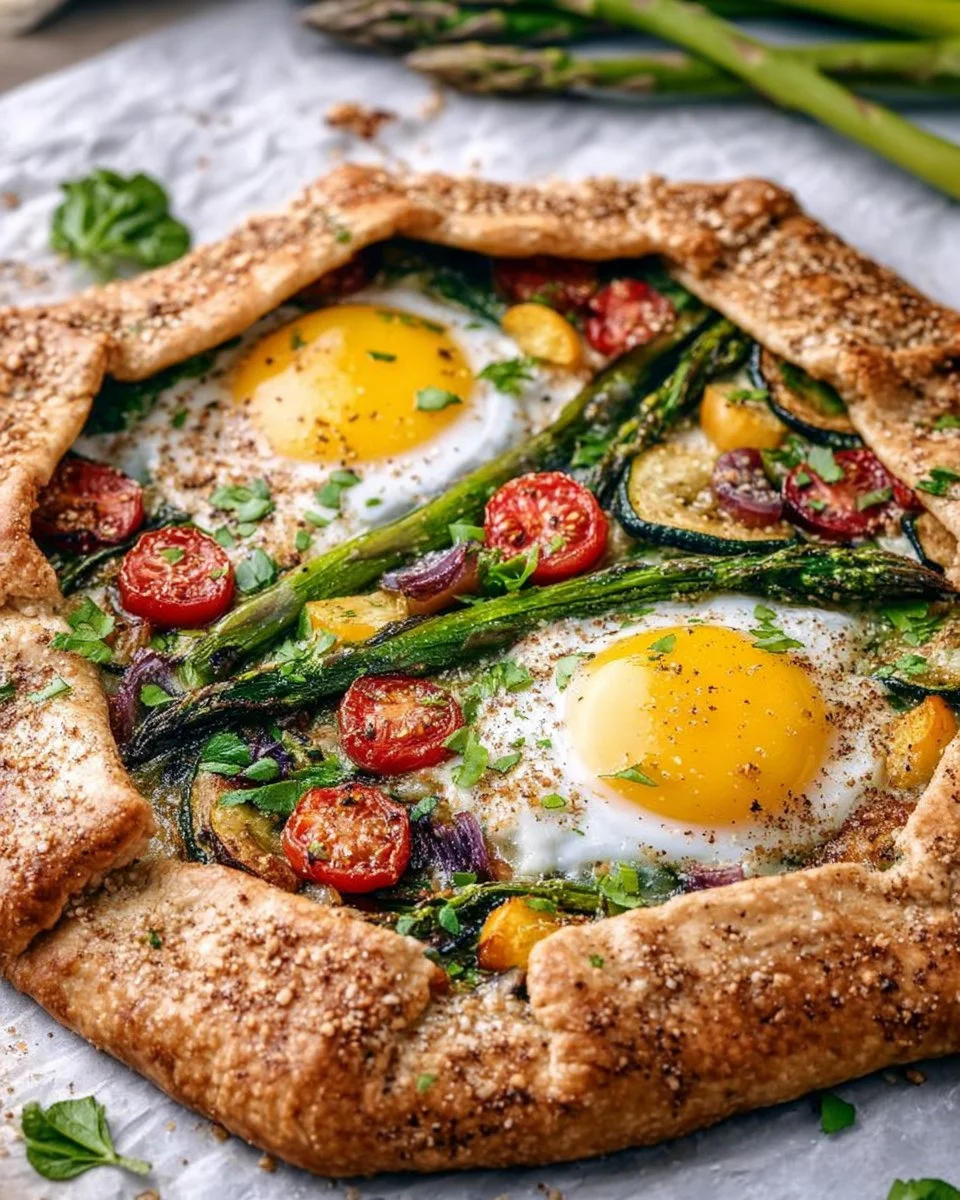 Rustic egg vegetable galette filled with fresh vegetables and herbs