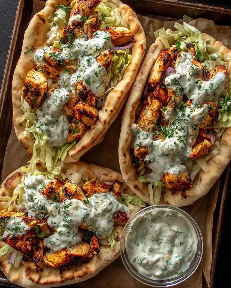 Sheet pan chicken pitas served with herby ranch dressing