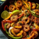 Delicious shrimp fajitas with colorful veggies in a skillet