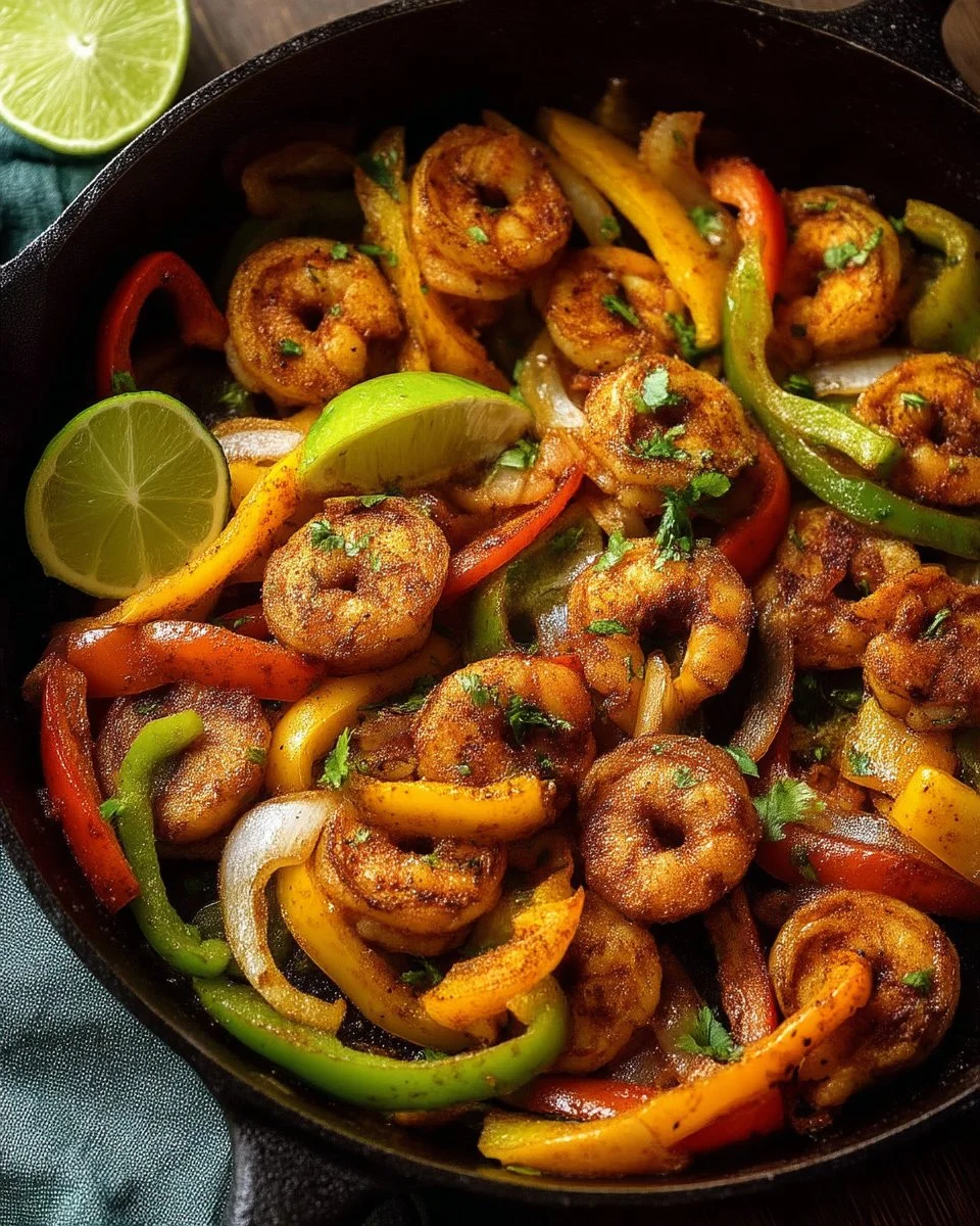 Delicious shrimp fajitas with colorful veggies in a skillet