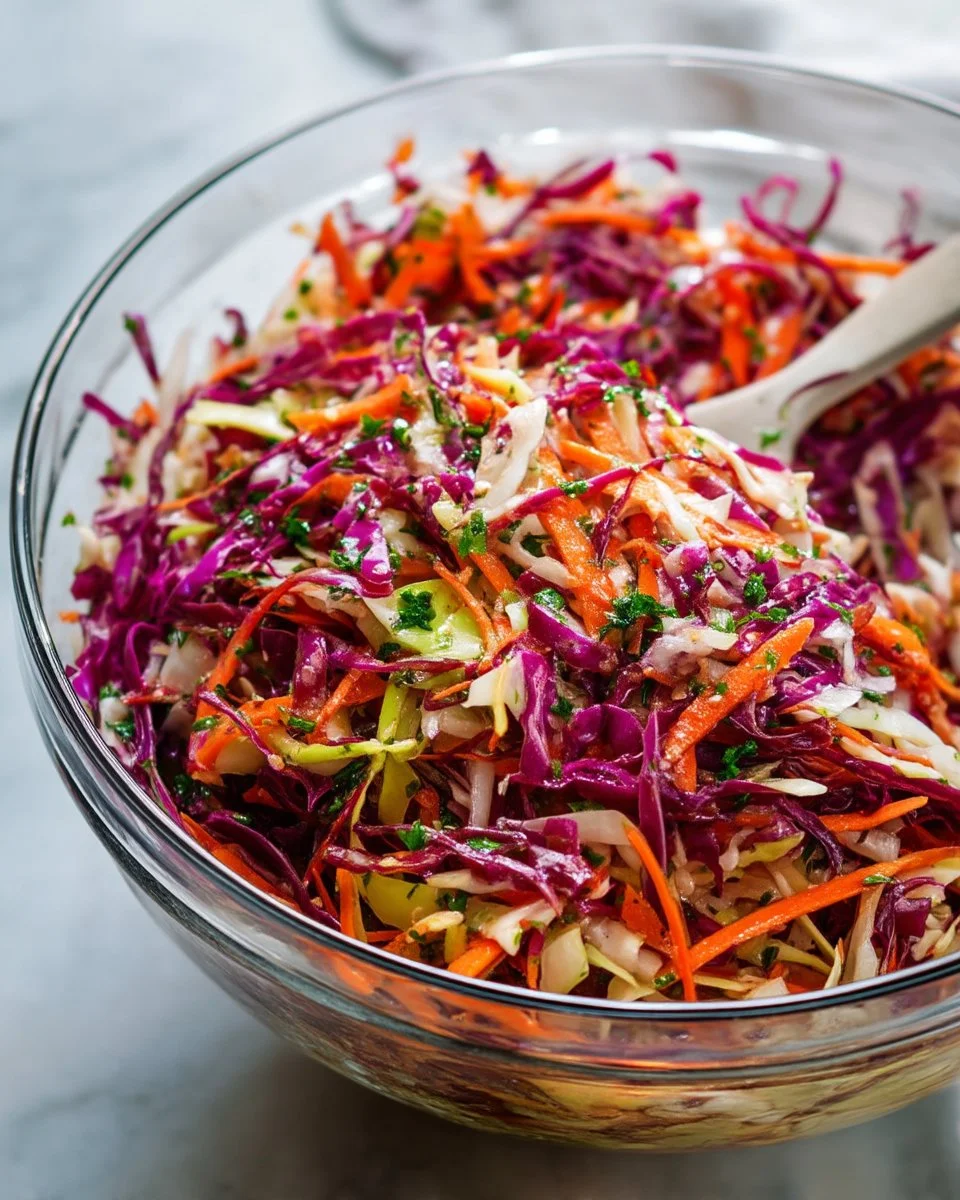 Bowl of vibrant and fresh simple healthy slaw with colorful vegetables