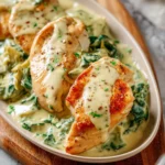Skillet chicken with creamy spinach artichoke sauce served on a plate