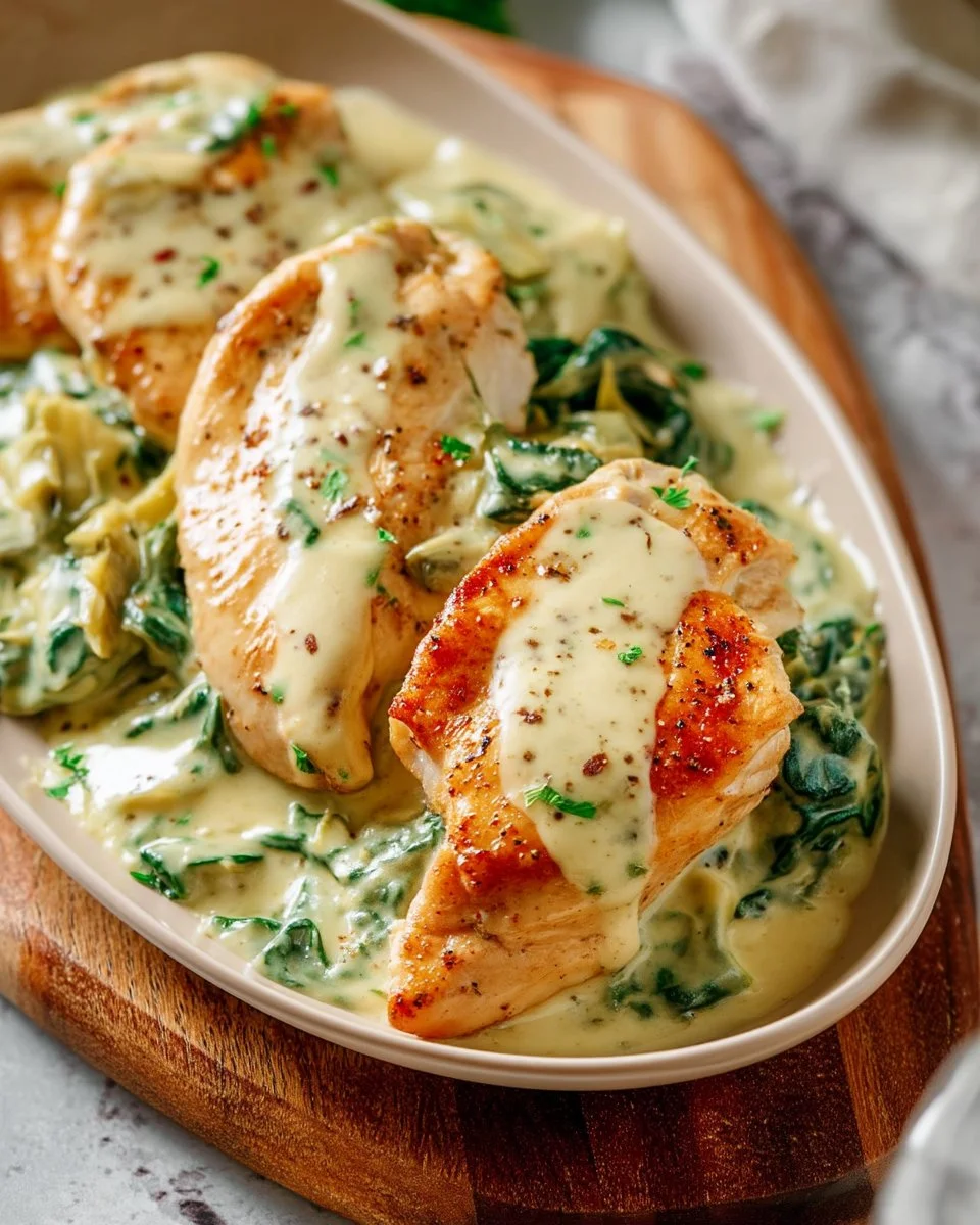 Skillet Chicken with Creamy Spinach Artichoke Sauce