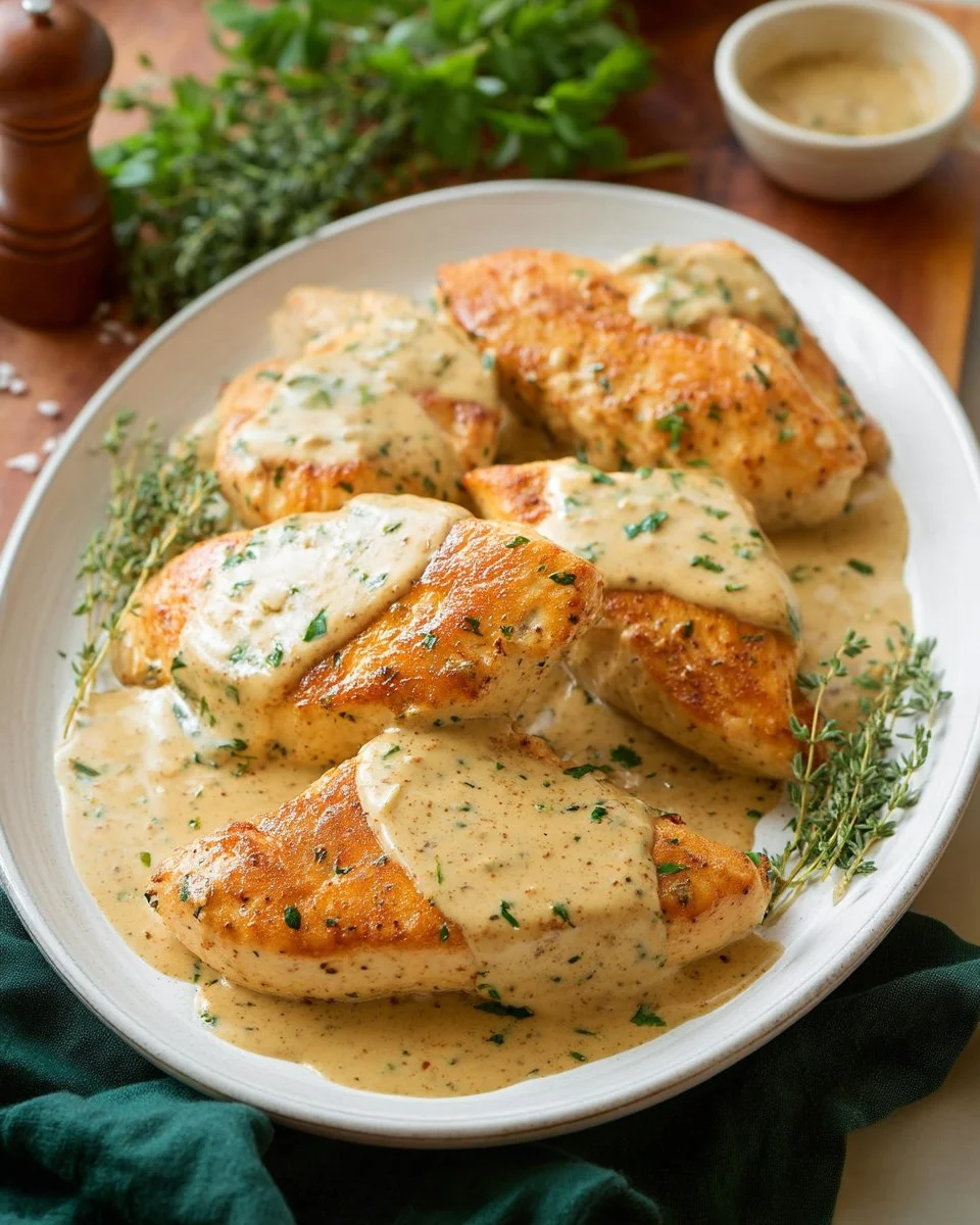 Skillet chicken served with a rich mustard cream sauce in a skillet