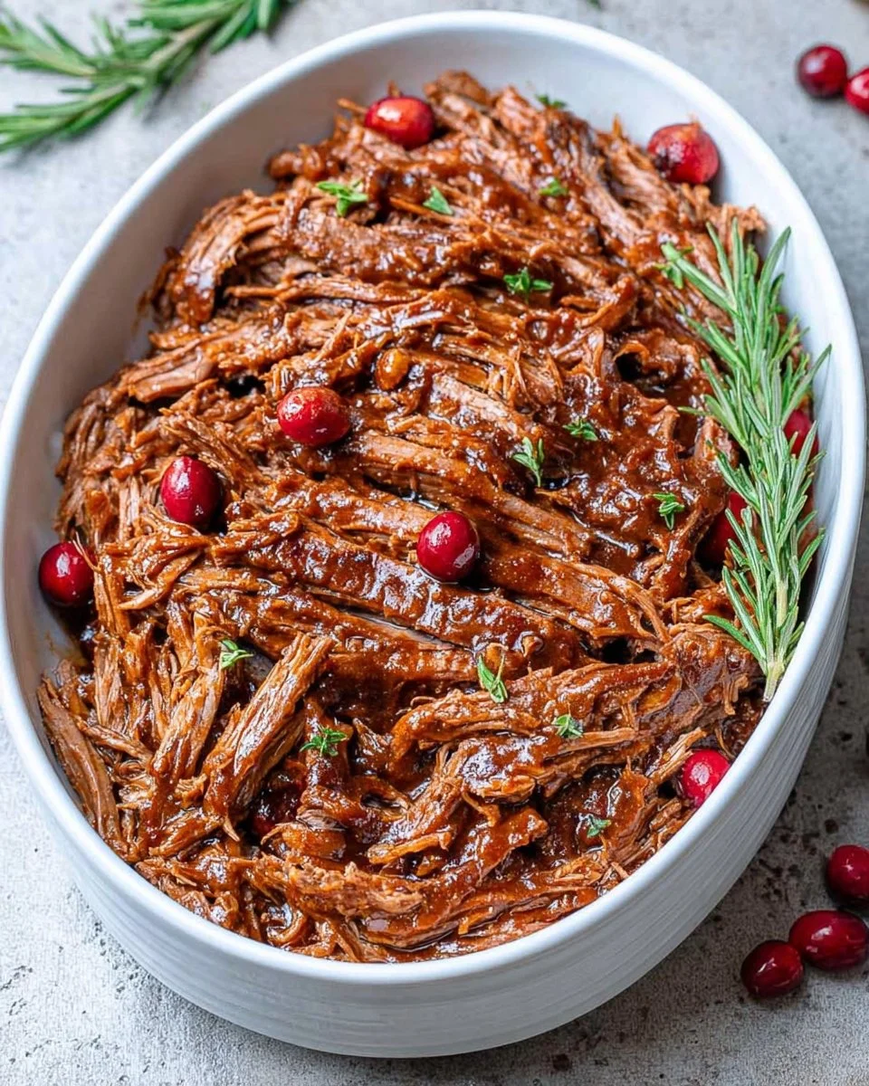 Delicious slow cooker beef brisket served on a platter with herbs