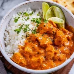 Bowl of slow cooker chicken curry served with rice and garnished with cilantro