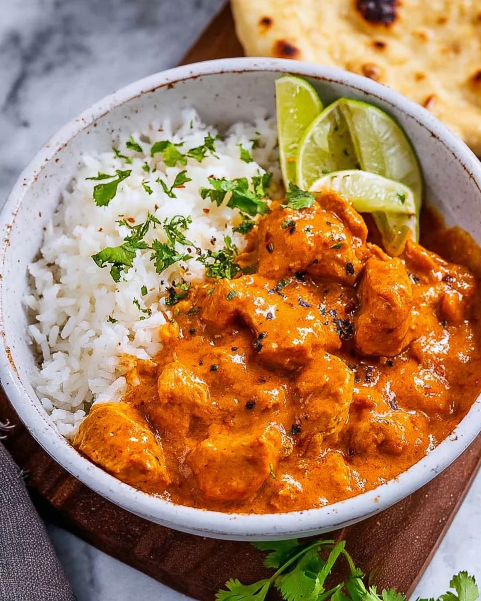 Bowl of slow cooker chicken curry served with rice and garnished with cilantro