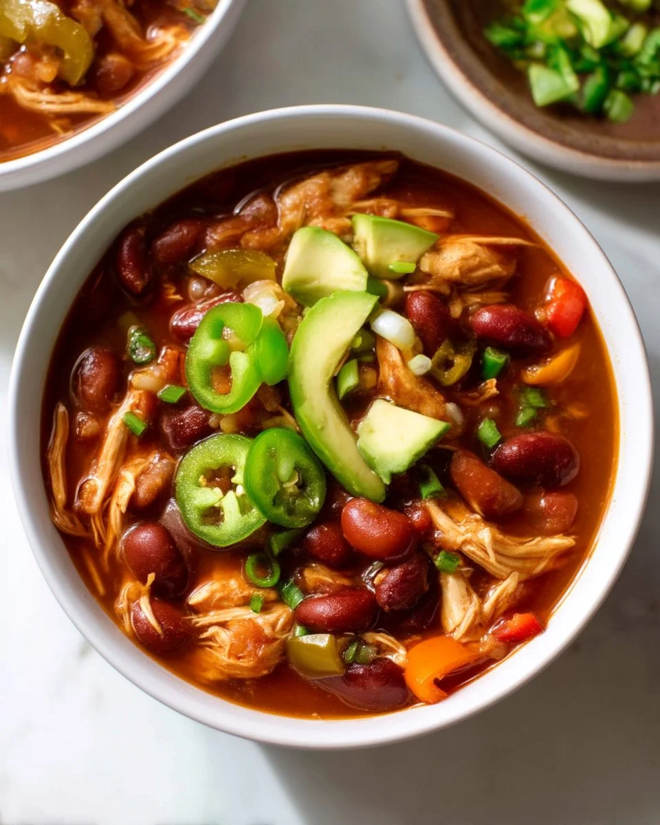 Delicious slow cooker chicken fajita chili in a bowl with toppings.