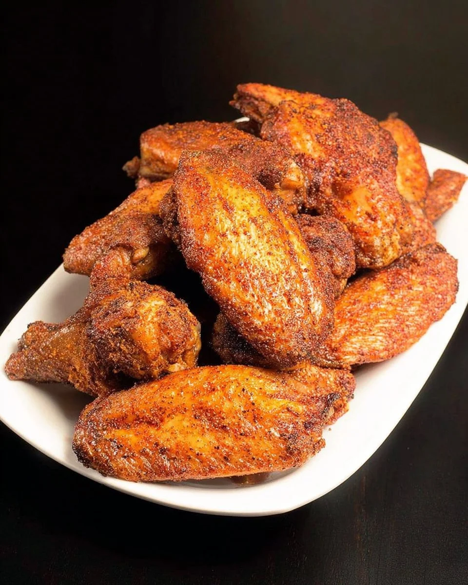 Delicious smoked chicken wings on a serving platter with dipping sauce.