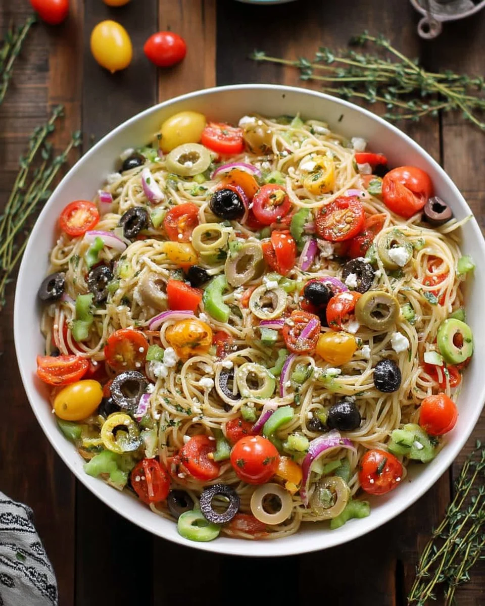 Colorful bowl of spaghetti salad with fresh vegetables and dressing