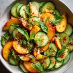 A delicious bowl of spicy Peach Cucumber Salad with vibrant colors and fresh ingredients.
