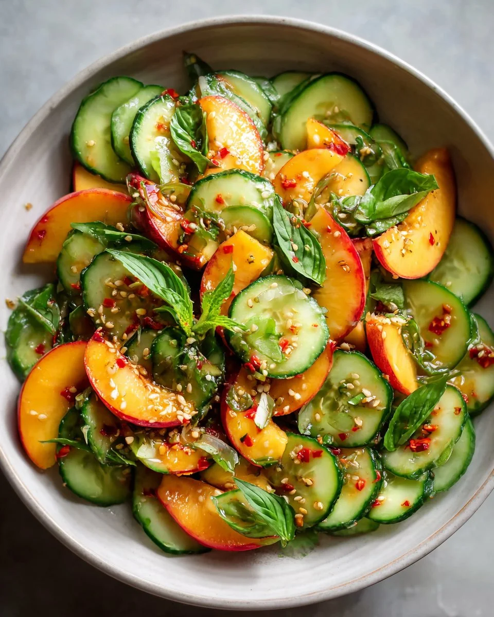 A delicious bowl of spicy Peach Cucumber Salad with vibrant colors and fresh ingredients.