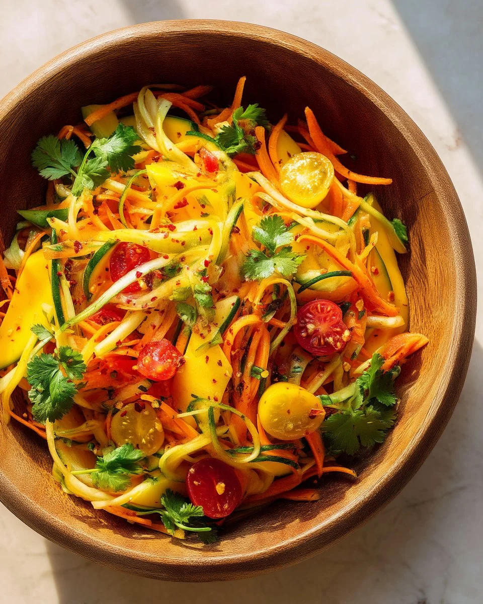 Colorful Spicy Thai Mango Salad with fresh ingredients and herbs