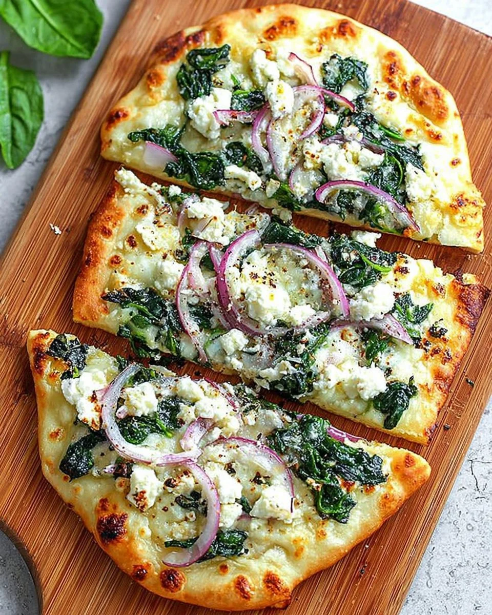 Spinach and Feta Flatbread Pizza topped with fresh ingredients and cheese