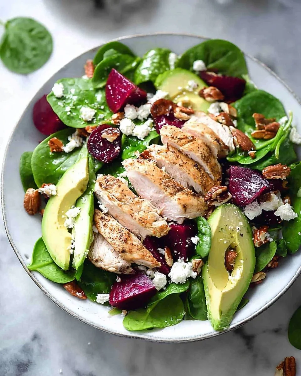 Spinach Salad with Chicken, Beets and Goat Cheese