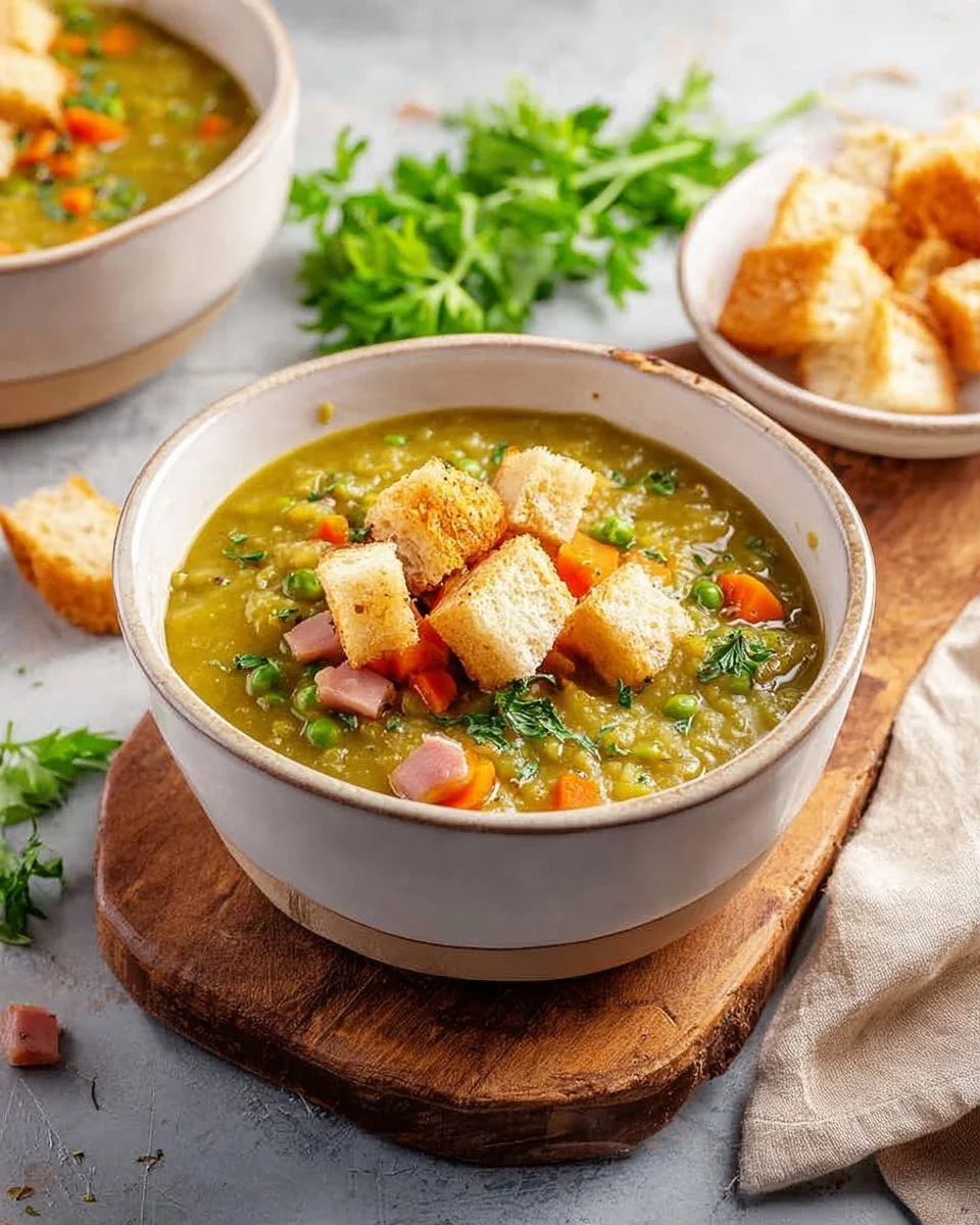 Delicious bowl of homemade split pea soup garnished with herbs and vegetables