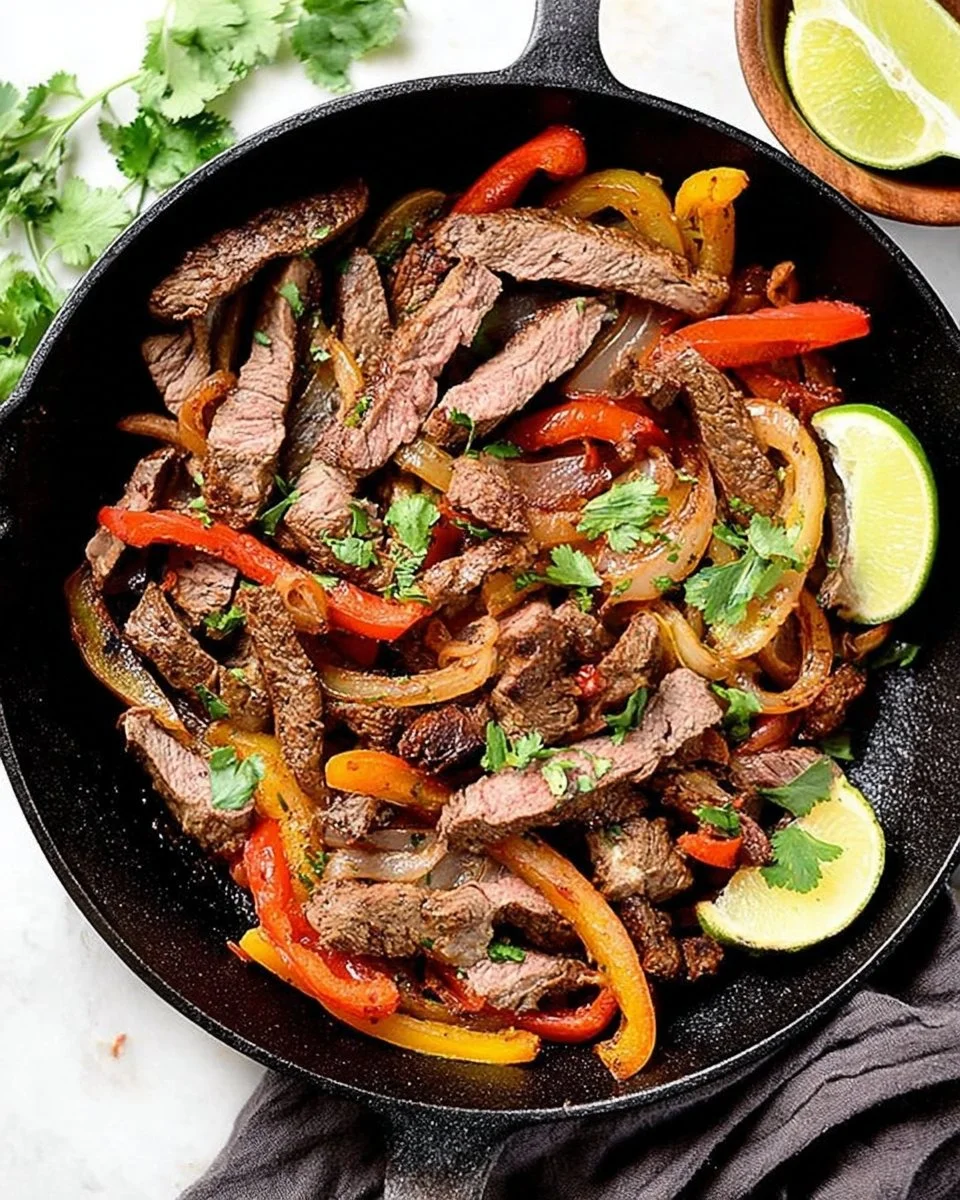 Deliciously grilled steak fajitas with peppers and onions served on a platter