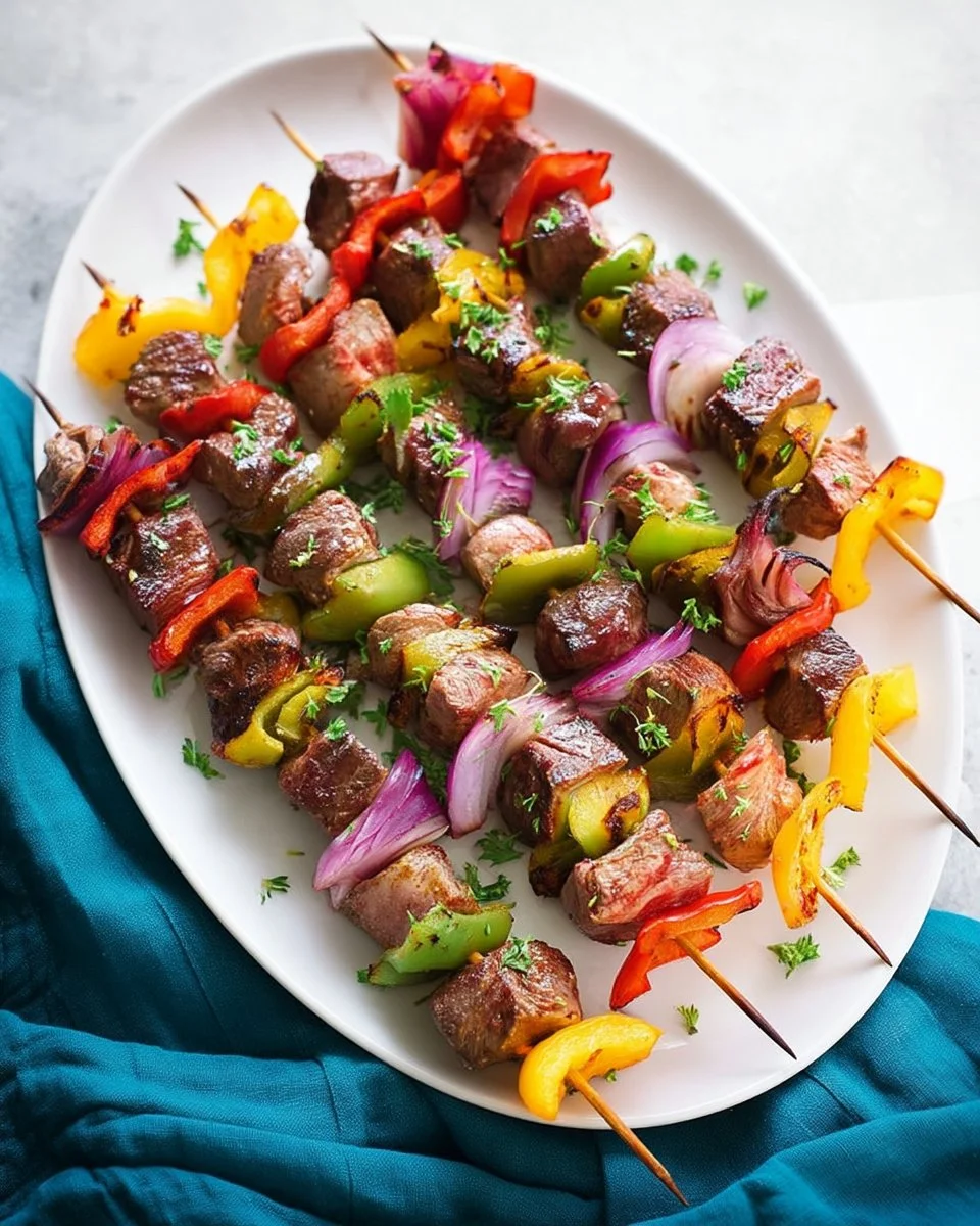 Delicious and juicy steak kebabs on a grill