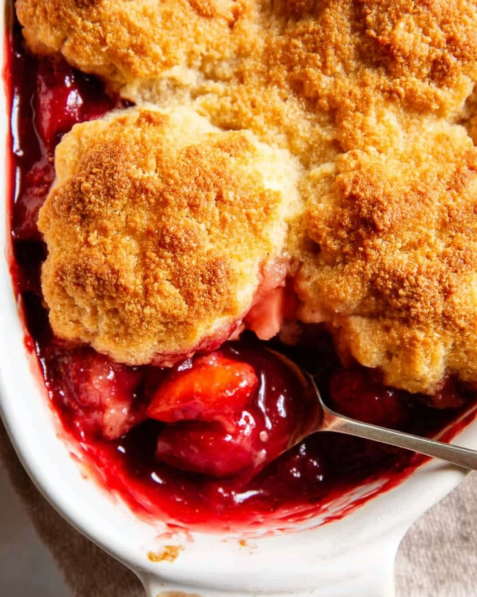Delicious Strawberry Cobbler with Buttermilk Biscuits served in a bowl