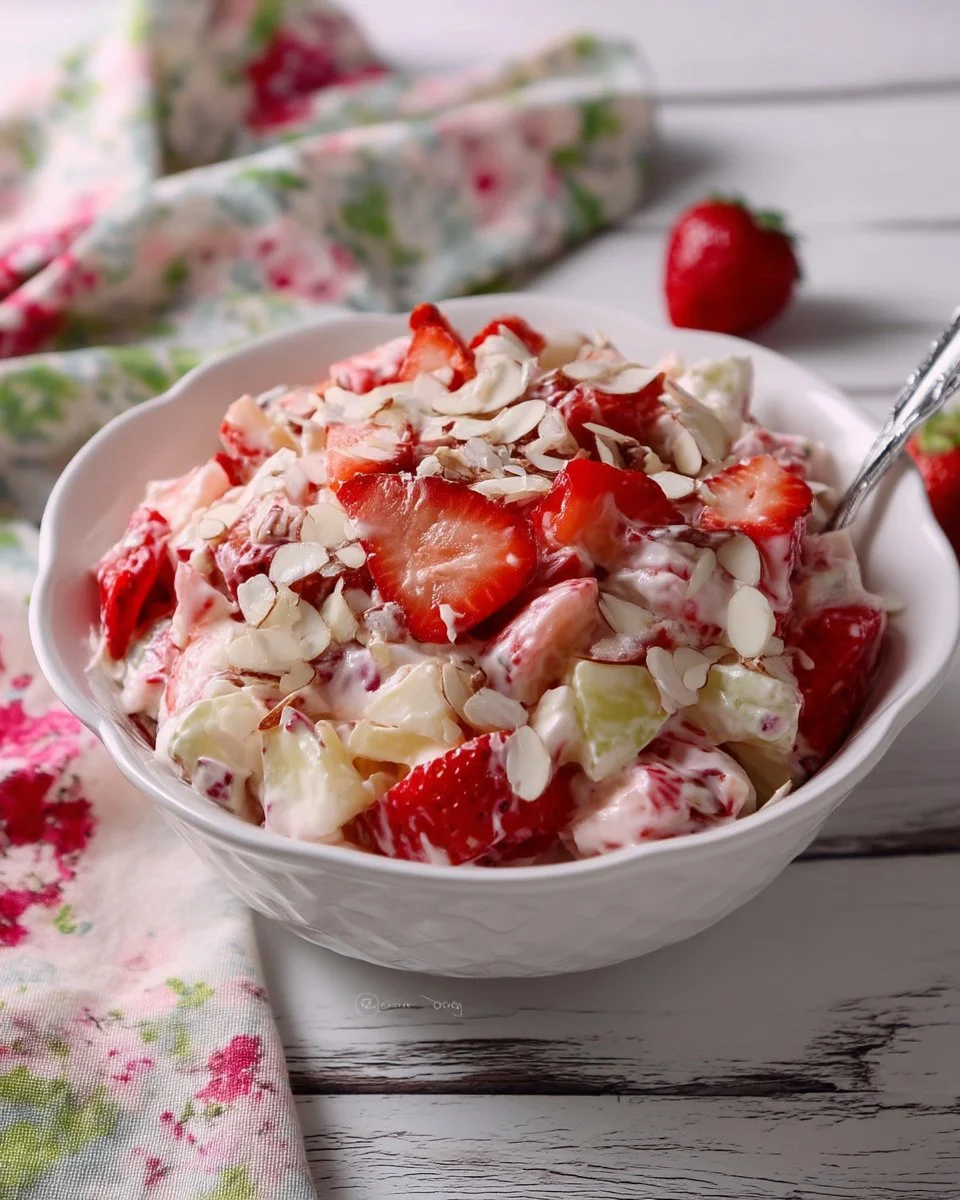 Bowl of vibrant Strawberry Lemon Coleslaw with fresh strawberries and lemons