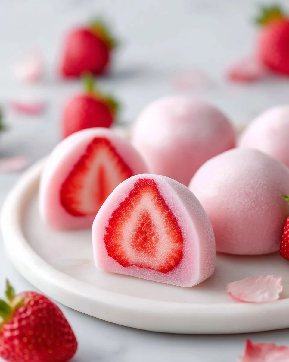 Delicious strawberry mochi dessert showcasing the sweet, chewy rice cake filled with strawberries.