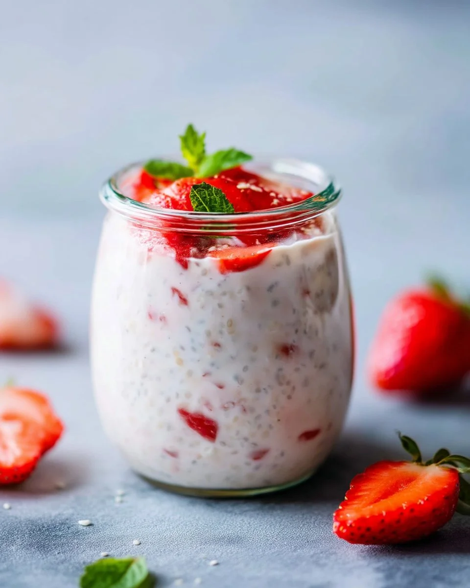 Bowl of strawberry peanut butter overnight oats with fresh strawberries on top
