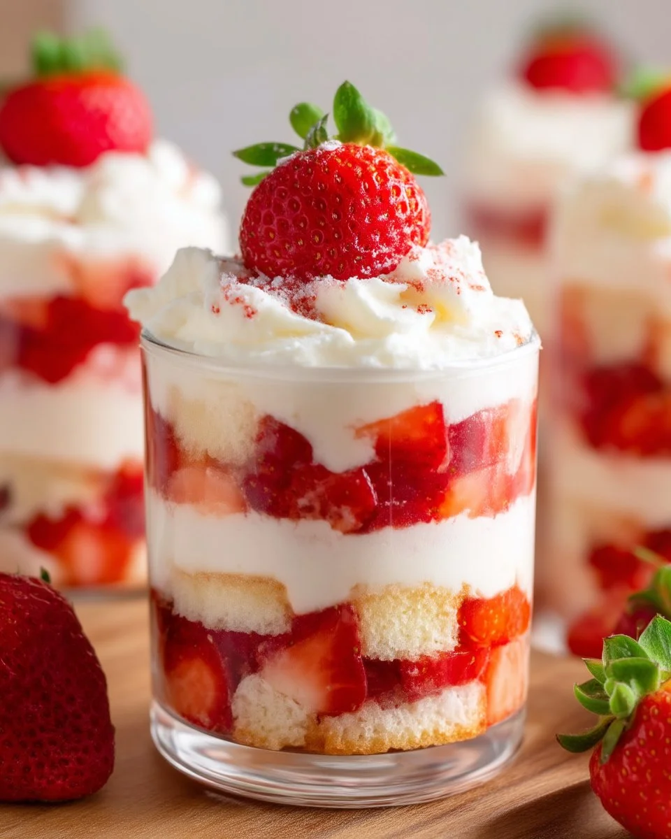 Strawberry shortcake in a jar with layers of cake, strawberries, and cream