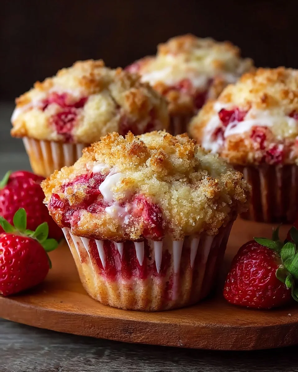 Baked strawberry shortcake muffins topped with fresh strawberries and whipped cream