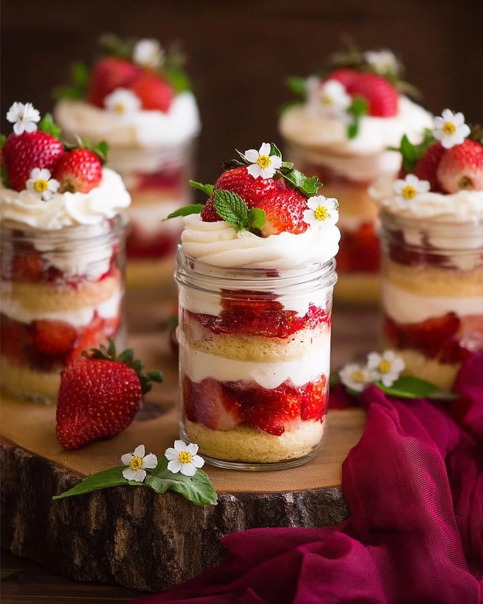 Strawberry shortcake trifles layered with fresh strawberries and whipped cream