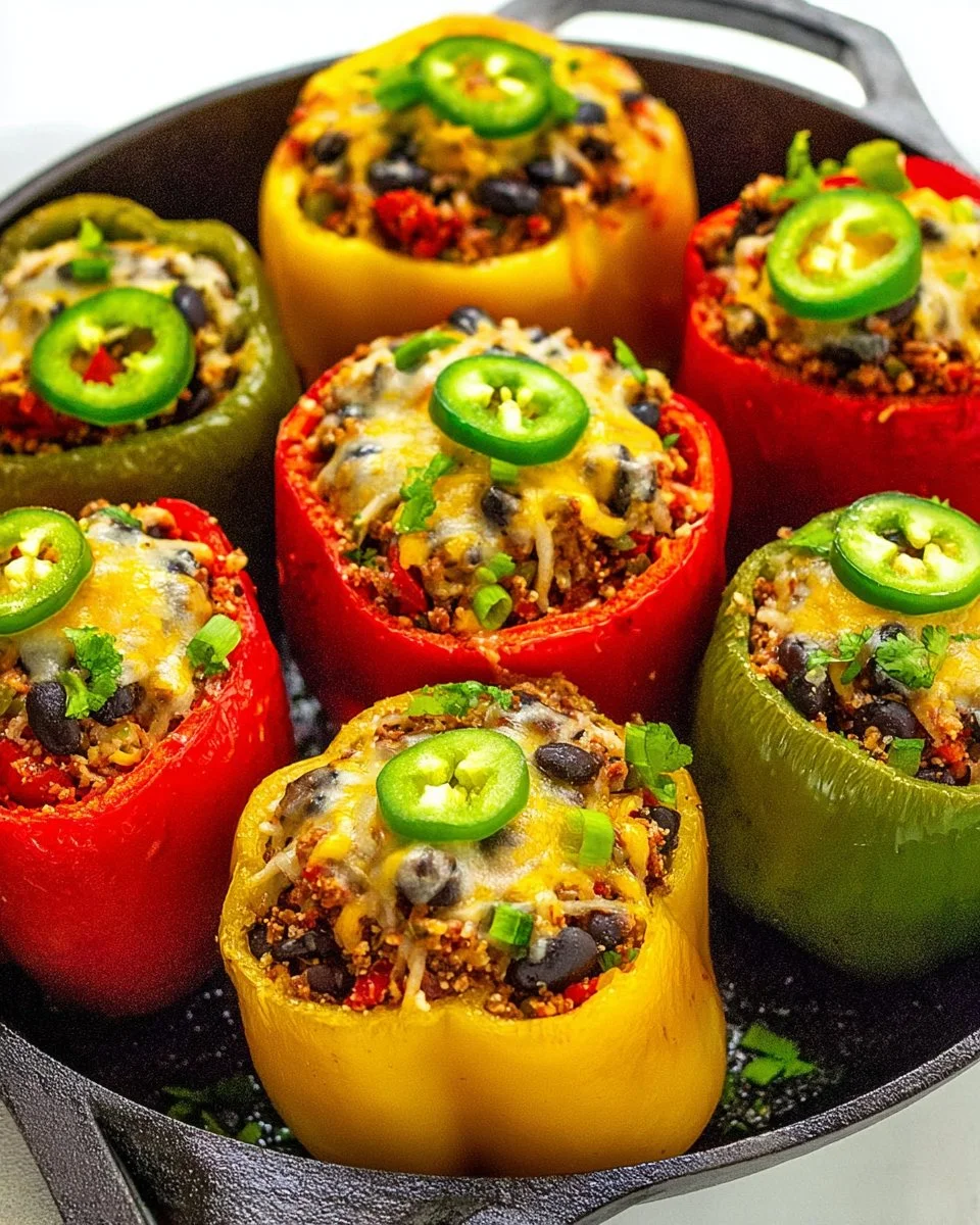 Colorful stuffed peppers filled with rice, vegetables, and cheese on a plate