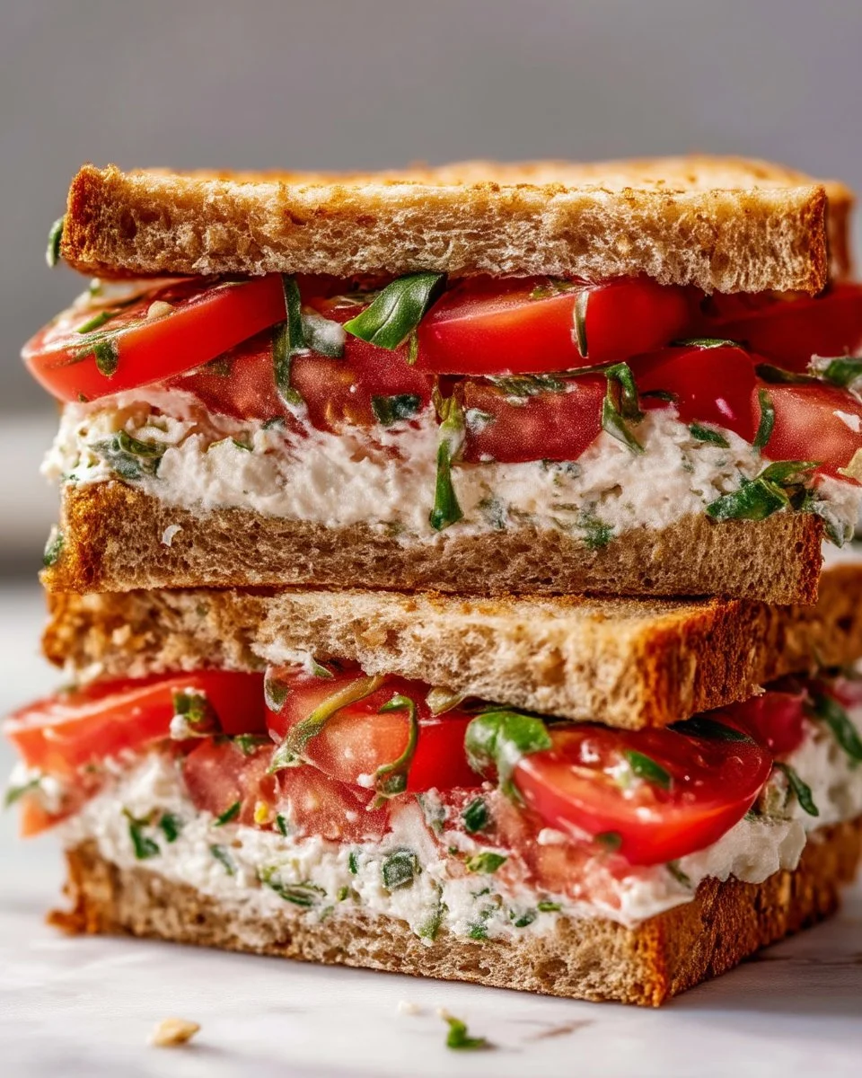 Summer tomato sandwich with cream cheese on a rustic wooden table