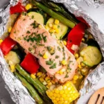 Summer veggie salmon foil packets ready for grilling with colorful vegetables.