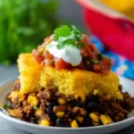Delicious homemade tamale pie with layers of cornmeal and savory meat
