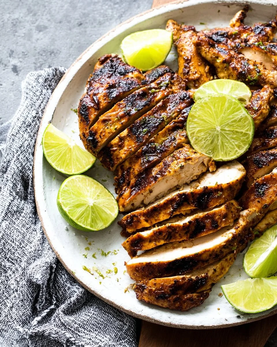 Grilled tequila lime chicken garnished with fresh lime and herbs