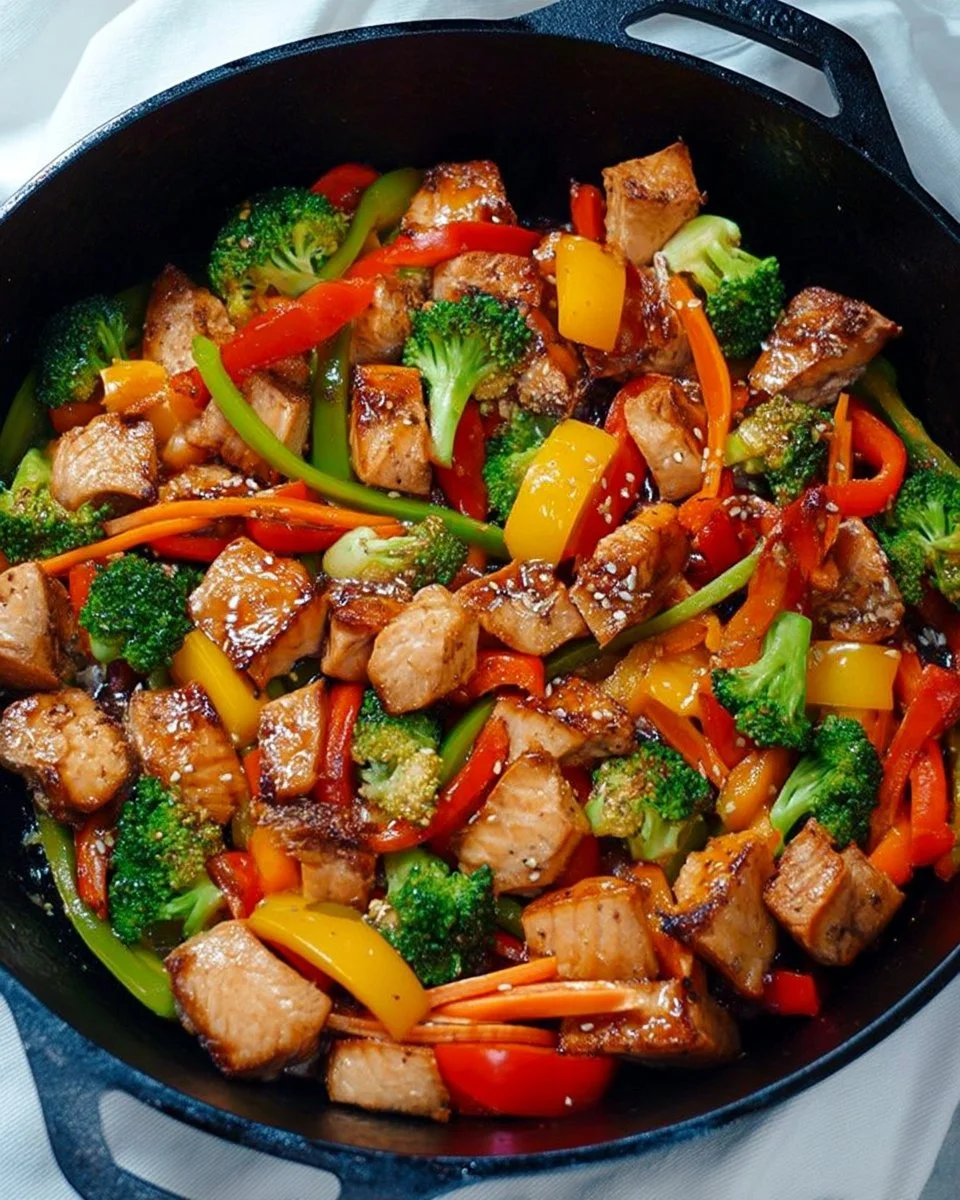 Delicious Teriyaki Salmon Stir Fry with colorful vegetables and sauce