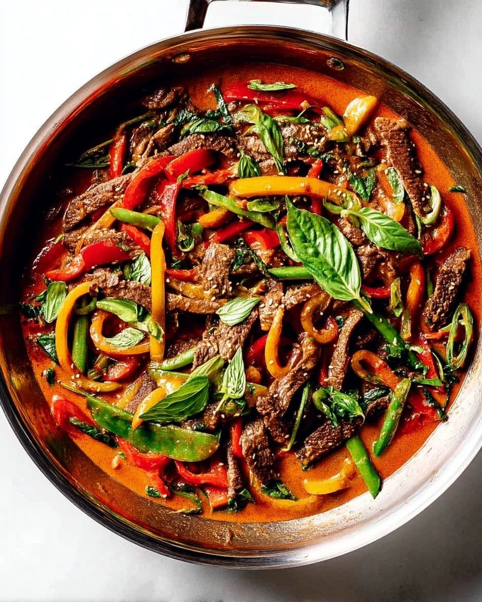Delicious Thai Coconut Beef Stir-Fry with tender beef and fresh vegetables