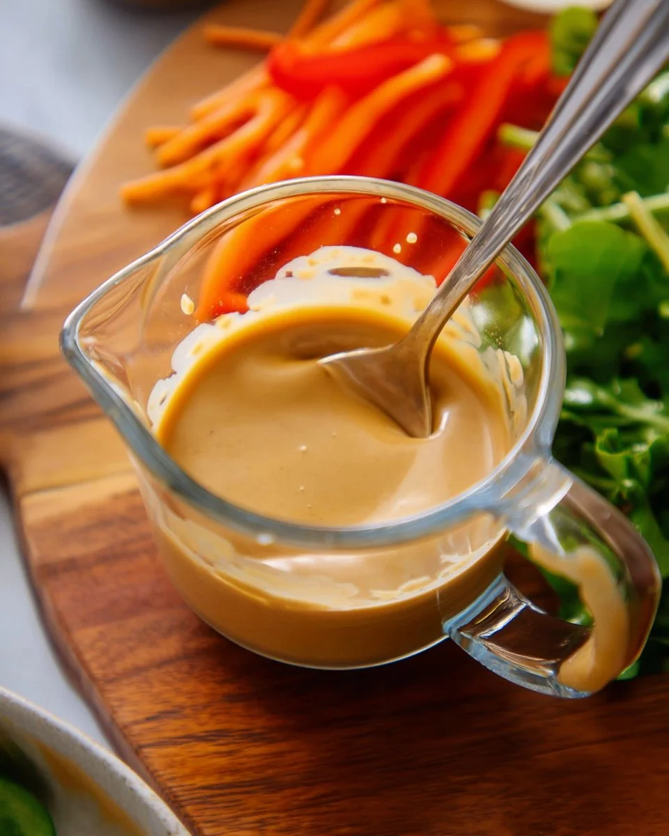 Homemade Thai Peanut Dressing in a bowl with fresh ingredients