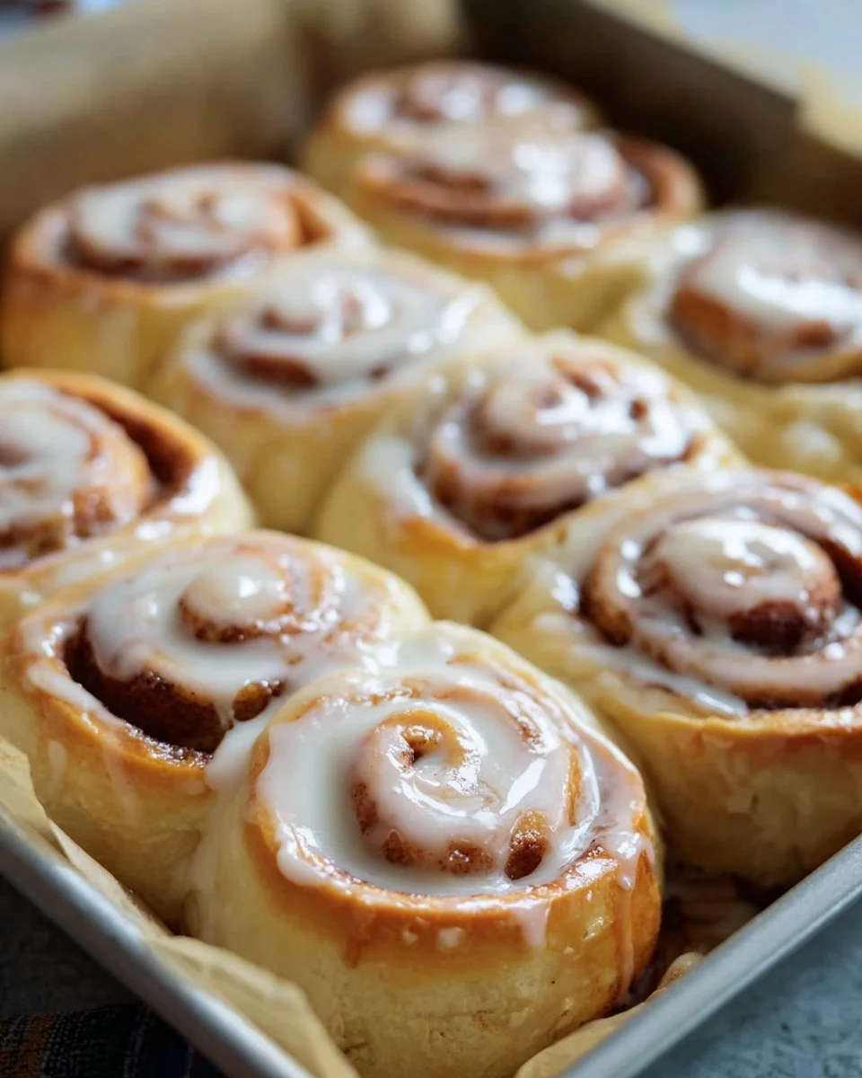 Homemade Cinnabon cinnamon rolls drizzled with cream cheese frosting