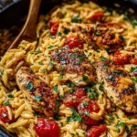 One-Pot Cajun Chicken Alfredo Orzo recipe with creamy sauce and spices.