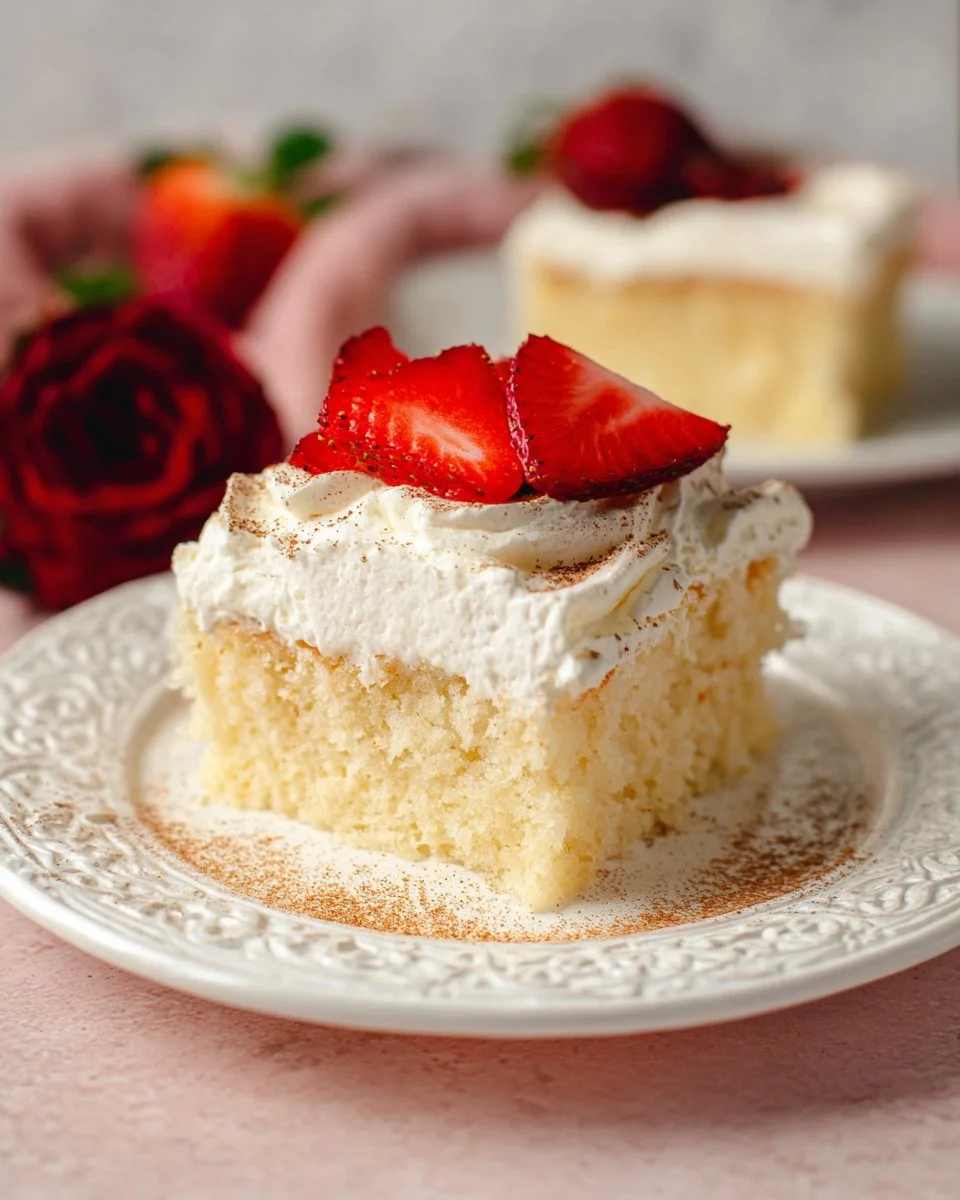 Delicious Three Milk Cake topped with cream and fruits, a creamy dessert treat.