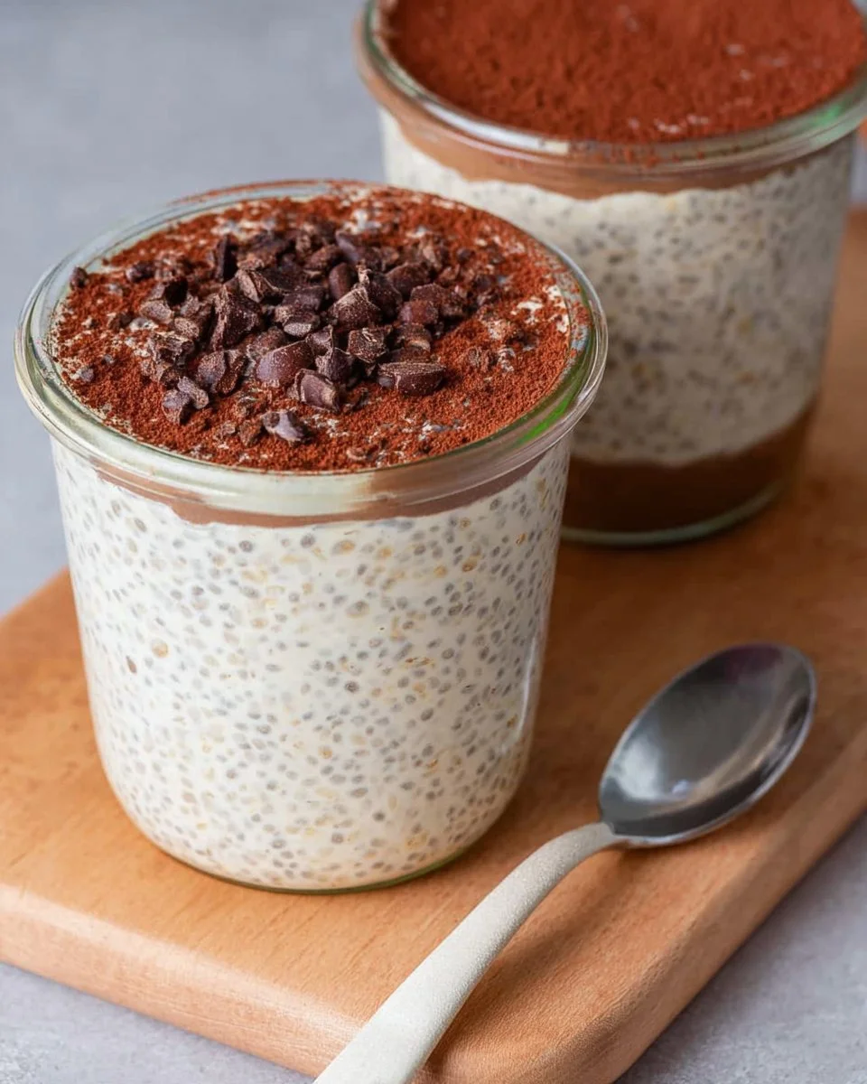Delicious Tiramisu Overnight Oats topped with cocoa and coffee