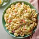 Traditional creamy Amish pasta salad with fresh vegetables and dressing