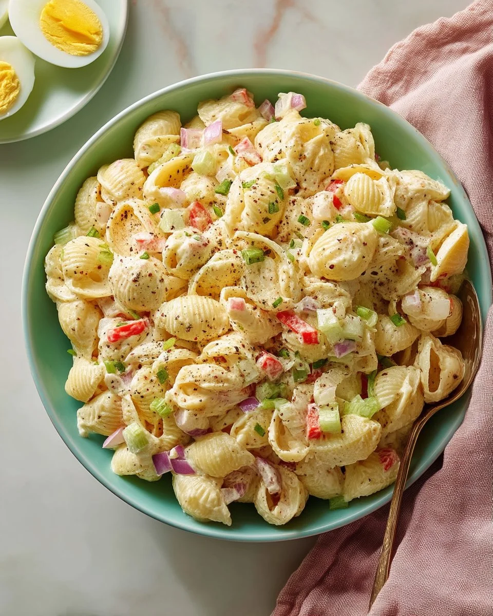Traditional creamy Amish pasta salad with fresh vegetables and dressing